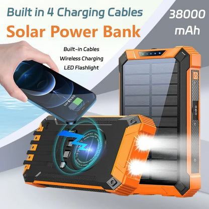 38,000mAh Solar Power Bank with Built-In Cables — Wireless Charging & LED Flashlight