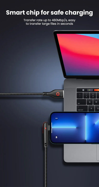 90° Right Angle USB-C Cable — 6A Fast Charging, Braided for Gaming