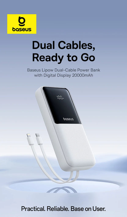 Baseus 20,000mAh Power Bank — 22.5W Fast Charging with Built-In Cables & LCD Display