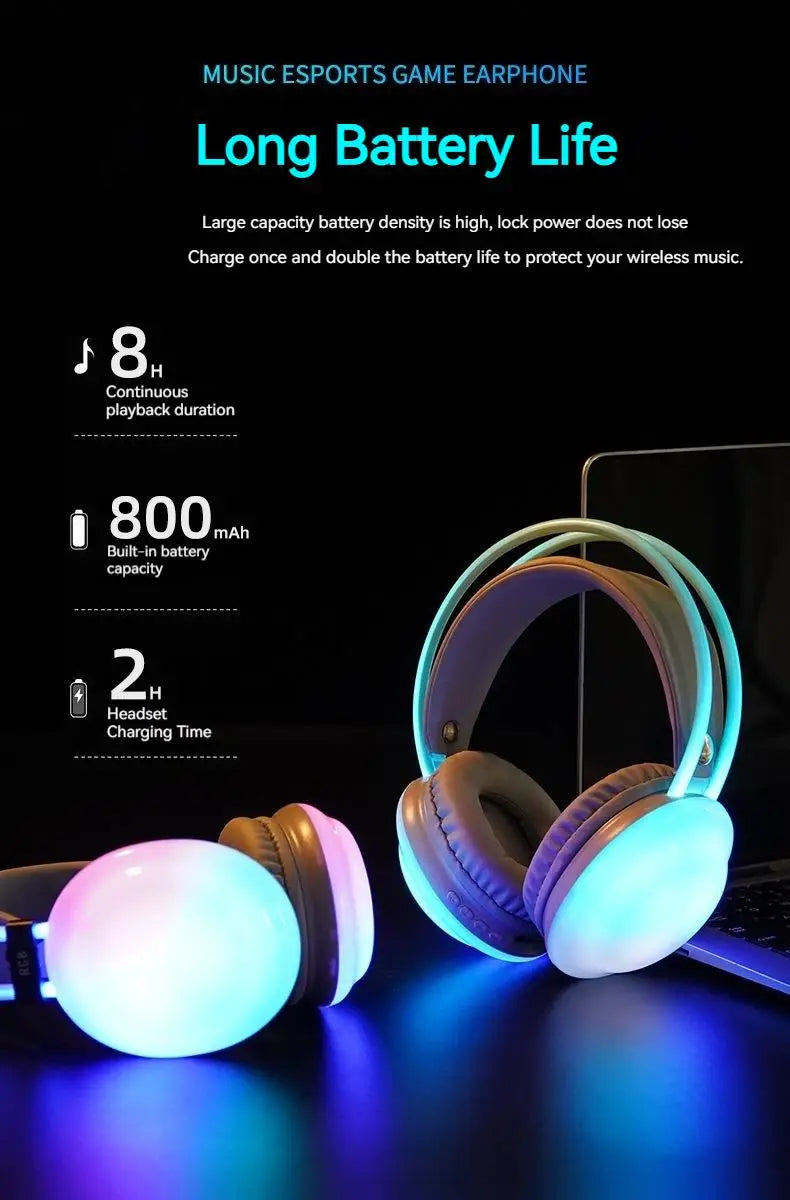 RGB Gaming Headphones — Wireless Bluetooth 5.3 Over-Ear with HD Mic