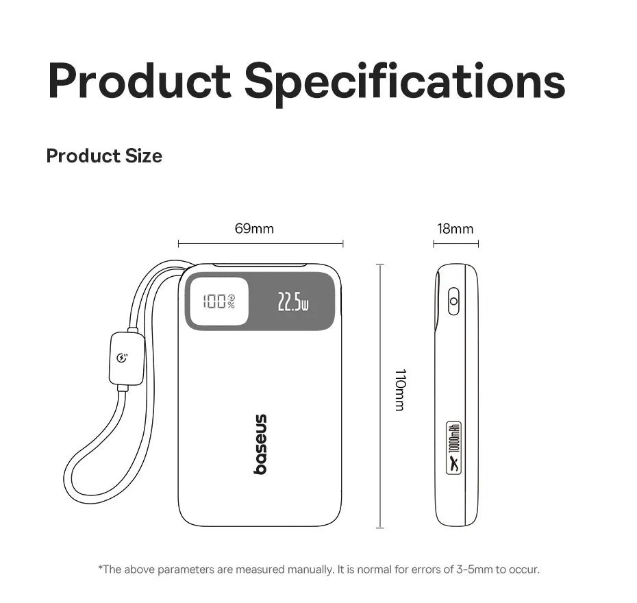 Baseus 10,000mAh Power Bank — 22.5W Fast Charging with Dual Built-In USB-C Cables