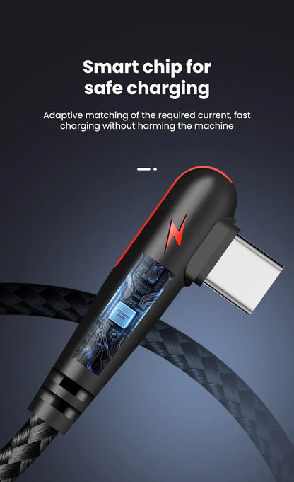 90° Right Angle USB-C Cable — 6A Fast Charging, Braided for Gaming