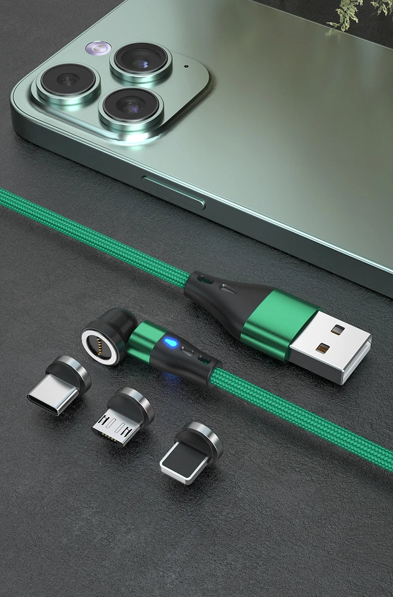 Magnetic Charging Cable — 540° Rotating 5A Fast Charge with USB-C, Lightning & Micro USB Tips