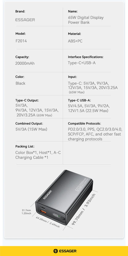 Essager 20,000mAh Power Bank — 65W PD Fast Charging for Laptops & Phones