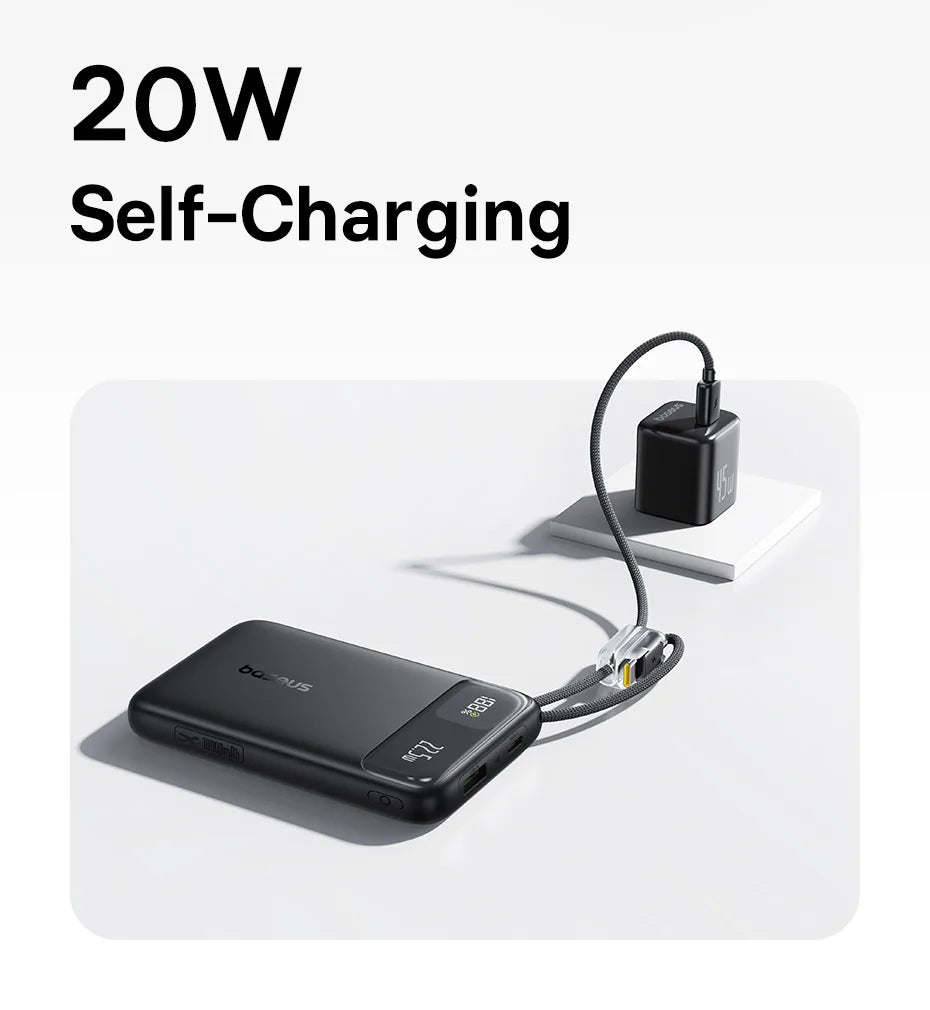 Baseus 10,000mAh Power Bank — 22.5W Fast Charging with Dual Built-In USB-C Cables