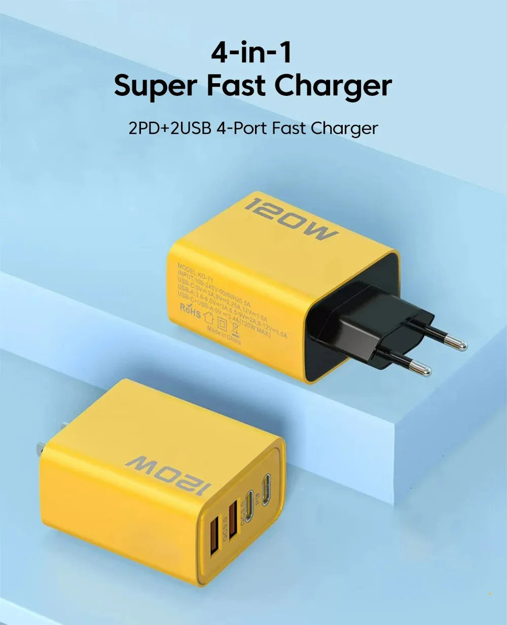 120W 4-Port USB-C Charger — PD & Quick Charge Fast Wall Adapter
