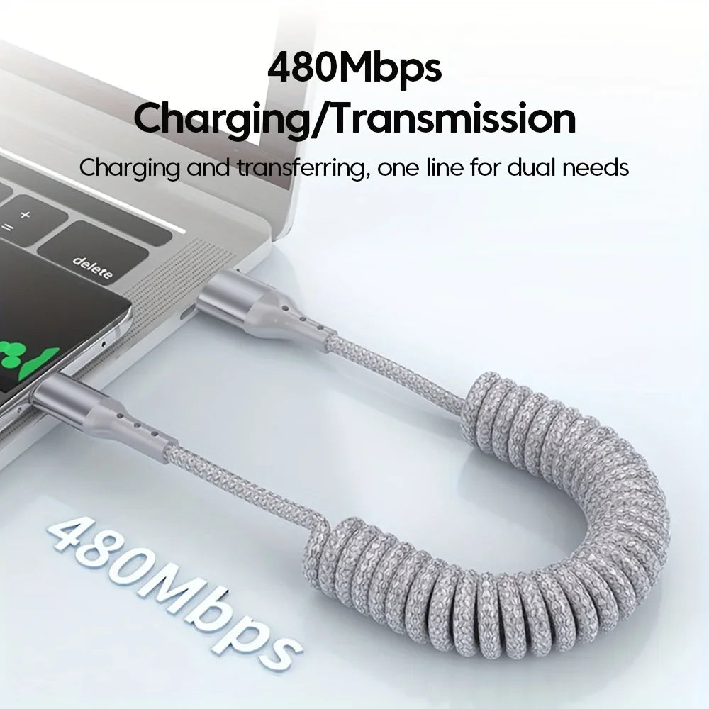 Coiled Car Charging Cable — 100W USB-C, Stretches 0.25m to 1.5m