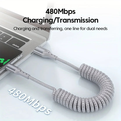 Coiled Car Charging Cable — 100W USB-C, Stretches 0.25m to 1.5m