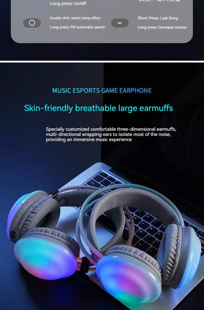 RGB Gaming Headphones — Wireless Bluetooth 5.3 Over-Ear with HD Mic
