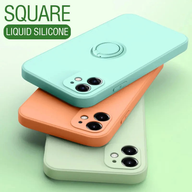 Liquid Silicone Ring Holder iPhone Case — Magnetic Bracket Shockproof Cover