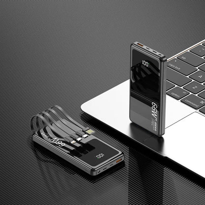 20,000mAh Power Bank with Built-In Cables — 65W PD Fast Charging & Digital Display