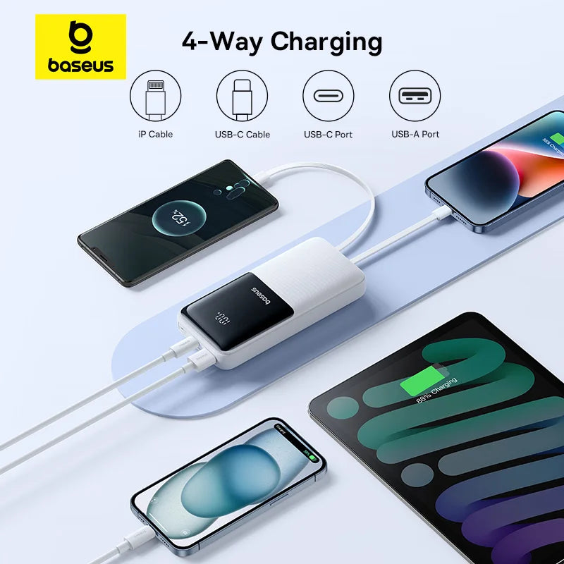 Baseus 20,000mAh Power Bank — 22.5W Fast Charging with Built-In Cables & LCD Display