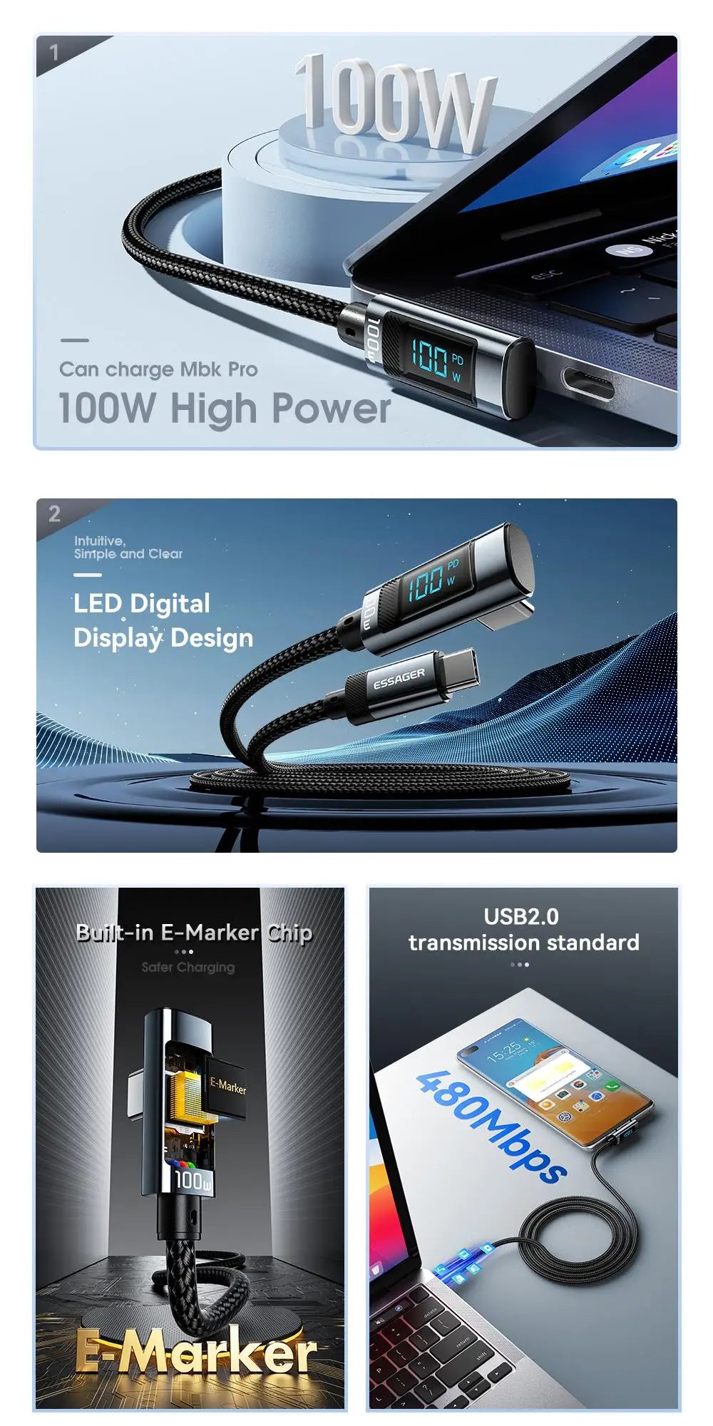 Essager 100W USB-C Cable — Right Angle with Power Display & E-Marker Chip