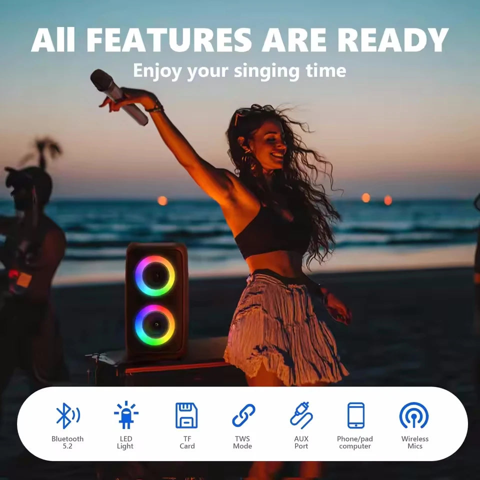 Portable Karaoke Speaker with Microphone — Bluetooth, FM Radio & LED Lights