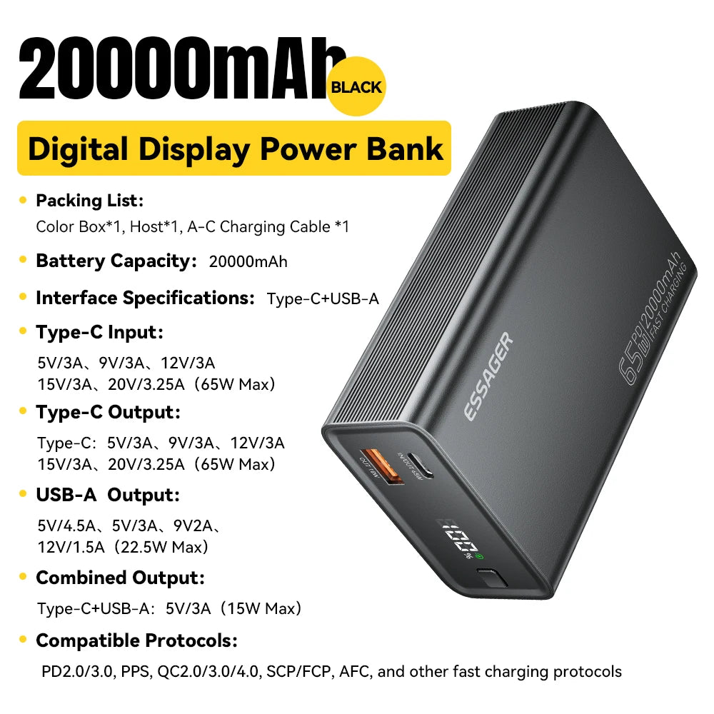 Essager 20,000mAh Power Bank — 65W PD Fast Charging for Laptops & Phones