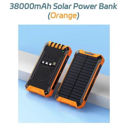 38,000mAh Solar Power Bank with Built-In Cables — Wireless Charging & LED Flashlight