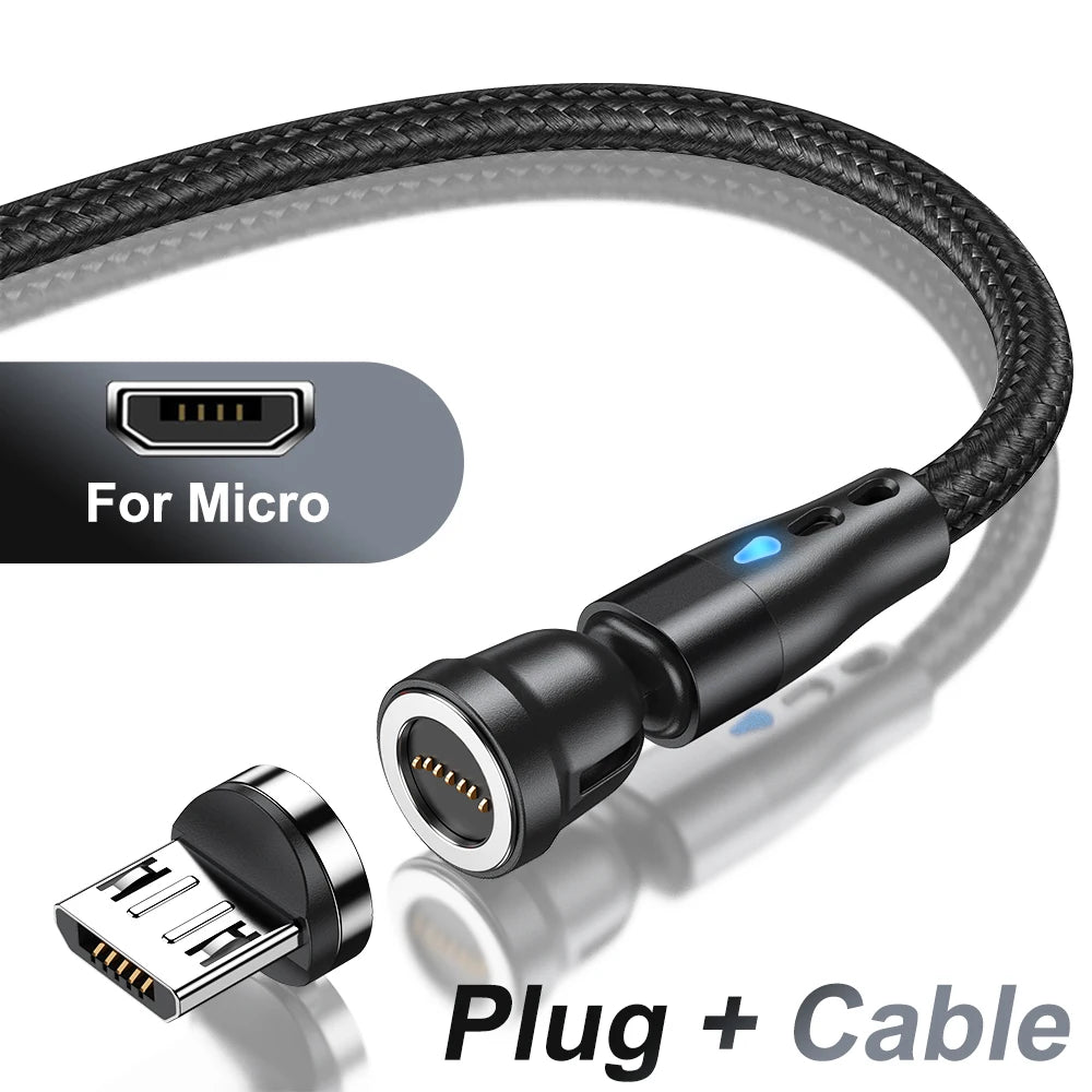 Magnetic Charging Cable — 540° Rotating 5A Fast Charge with USB-C, Lightning & Micro USB Tips