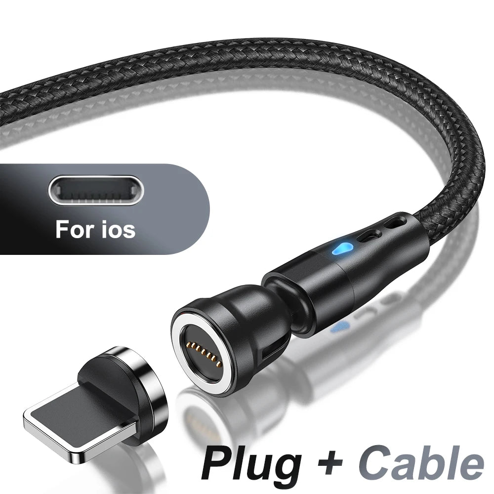 Magnetic Charging Cable — 540° Rotating 5A Fast Charge with USB-C, Lightning & Micro USB Tips
