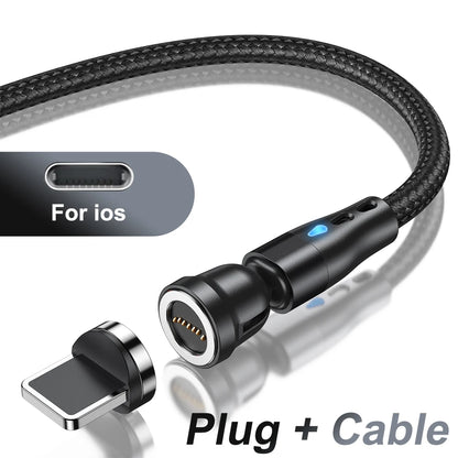Magnetic Charging Cable — 540° Rotating 5A Fast Charge with USB-C, Lightning & Micro USB Tips