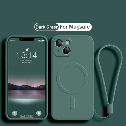 حافظة آيفون MagSafe من السيليكون السائل — غطاء مغناطيسي مع حزام للمعصم