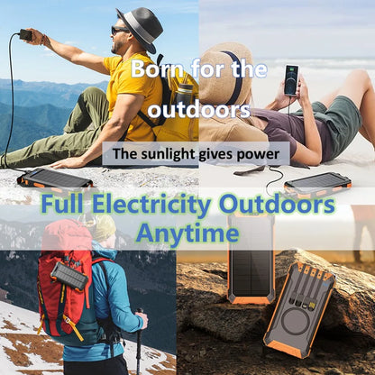 38,000mAh Solar Power Bank with Built-In Cables — Wireless Charging & LED Flashlight