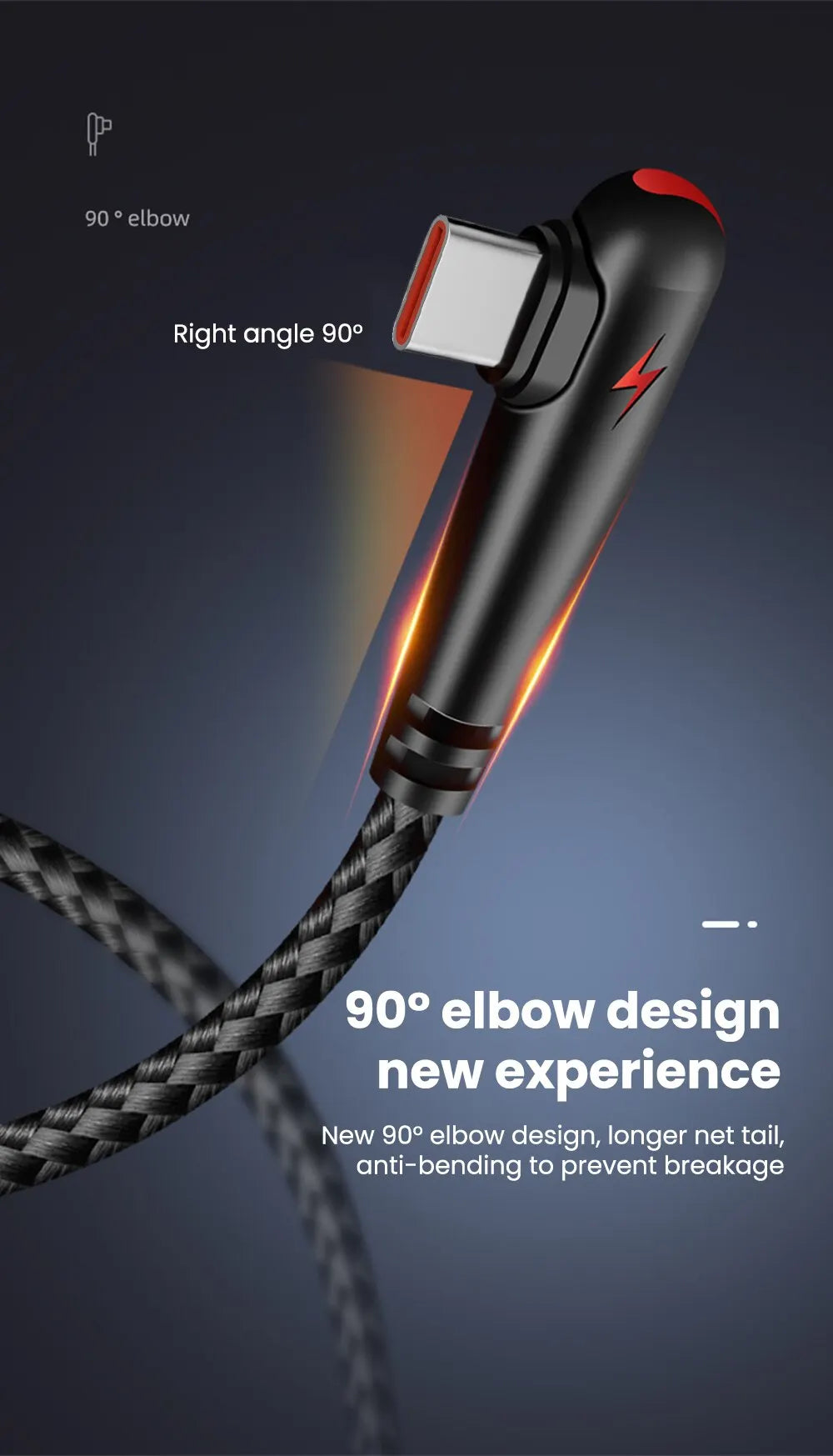 90° Right Angle USB-C Cable — 6A Fast Charging, Braided for Gaming