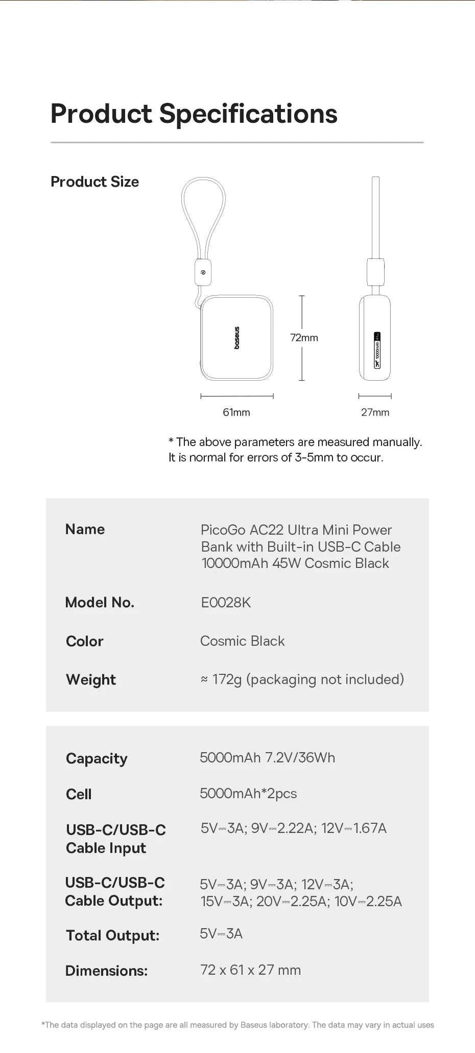Baseus 10,000mAh Mini Power Bank — 45W Fast Charging with Built-In USB-C Cable