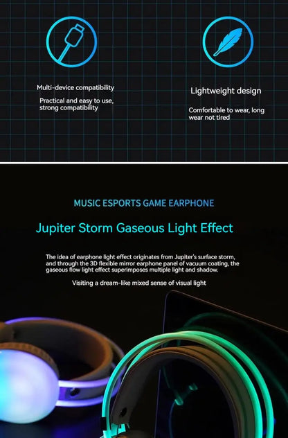 RGB Gaming Headphones — Wireless Bluetooth 5.3 Over-Ear with HD Mic