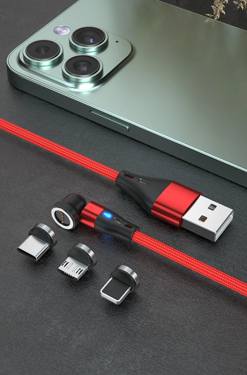 Magnetic Charging Cable — 540° Rotating 5A Fast Charge with USB-C, Lightning & Micro USB Tips